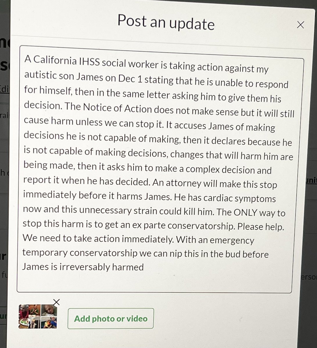 DameJEMarshall's tweet image. I am also horrified at what Hawthorne Social Workers are doing to my autistic son. In approx 1989 Ms Knox of Hawthorne IHSS also attacked sloppy and out of the blue. She wanted to cut JAMES’s hours to 13 per mo. The judge granted JAMES 283 hrs per mo. #PatternOfAbuse #guardjames