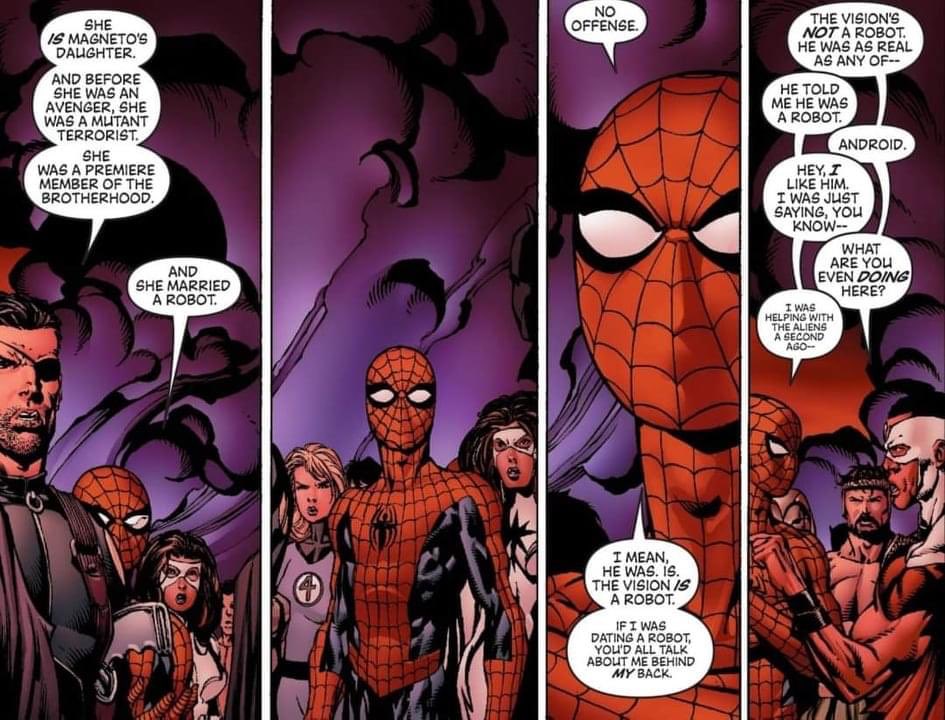 WhoWouldWin13's tweet photo. #Spiderman makes a good point about it all...✨🤖❌🧬
#wanda #vision #avengers #mcu #marvel #comics #backbite #drama https://t.co/qT1zz0kWxi