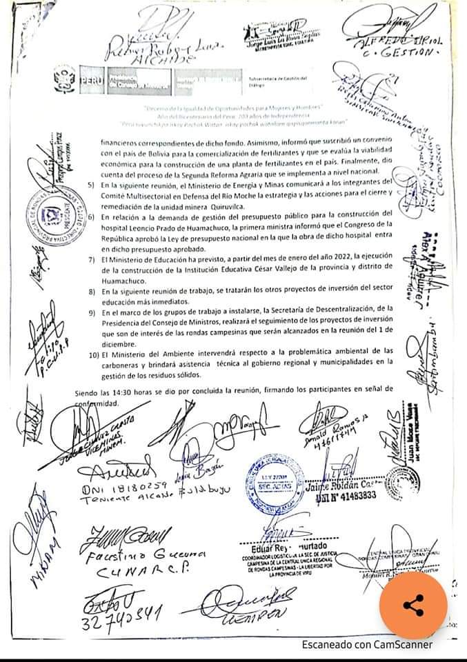 Luego de Mesa de Diálogo en la <a href="/presidenciaperu/">Presidencia del Perú 🇵🇪</a>, Premier <a href="/MirtyVas/">Mirtha Vásquez</a> estará en Trujillo, junto a ministros el miércoles 1/12 con alternativas concretas de solución a cada demanda para instalar mesas de trabajo.
¡Vivan las rondas campesinas!
(Ver acta👇)