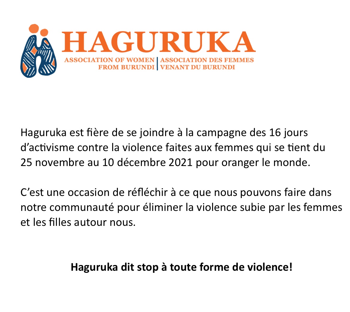Haguruka souligne les 16 jours d’activisme contre la violence fondée sur le sexe. Dénonçons la violence fondée sur le sexe et renouvelons notre engagement à y mettre fin.

#haguruka
#16jours
#16days