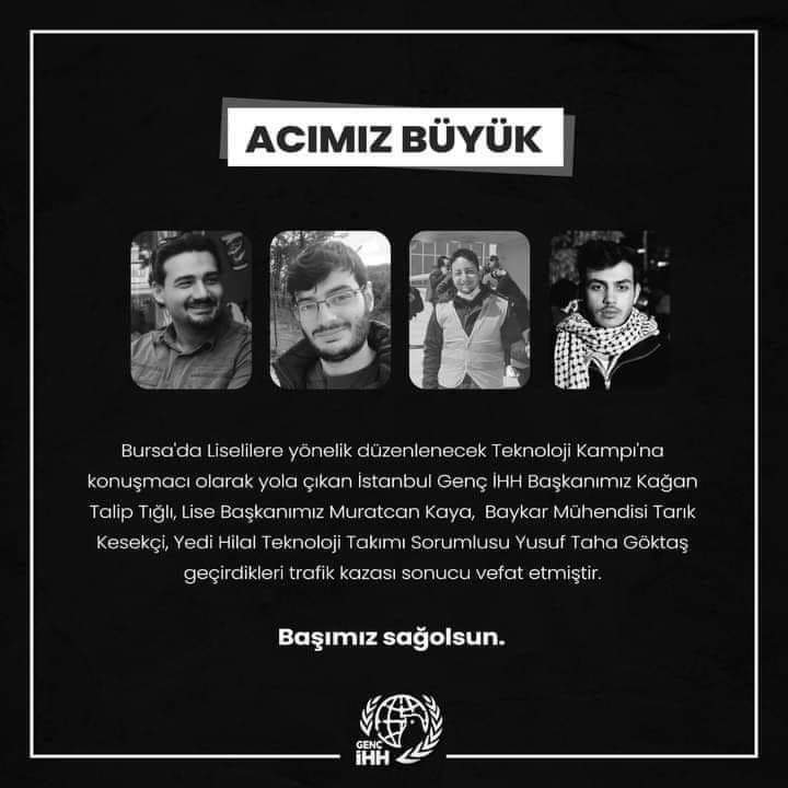 Başımız sağ olsun.

Geçirdiği trafik kazası sonucu vefat eden kardeşlerimize Allah'tan rahmet, ailelerine sabırlar diliyorum.