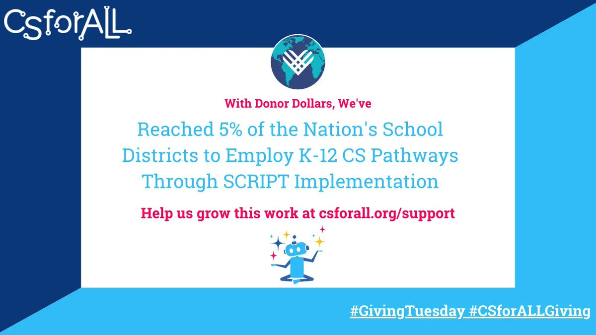 CSforALL's tweet photo. With donor dollars, #CSforALL has been able to reach 5% of the nation's school districts to employ K-12 CS pathways through SCRIPT implementation. This #GivingTuesday, help us grow this work at https://t.co/jnV72kscqD. #CSforALLGiving https://t.co/da4lS7H0dV