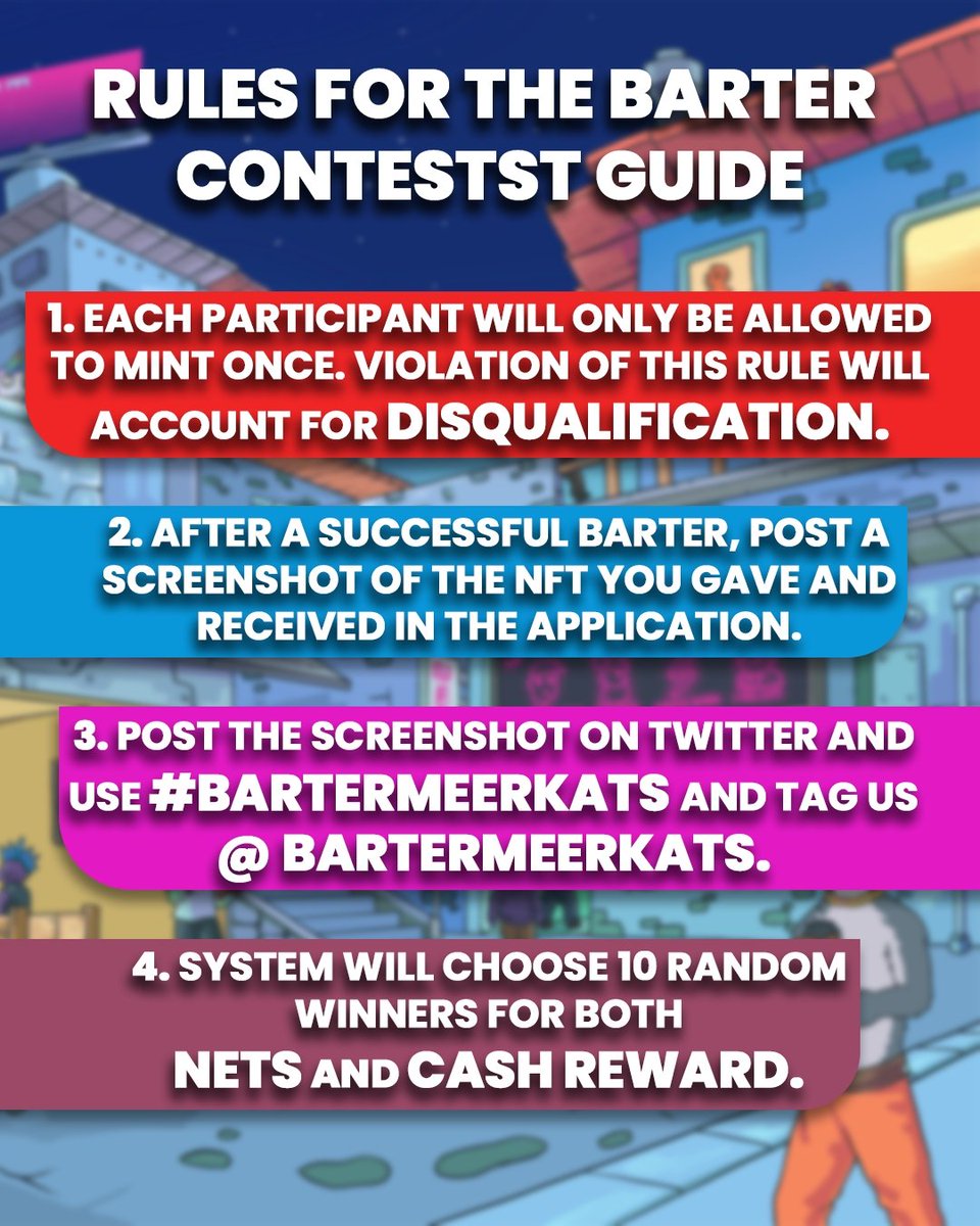 BarterMeerkats's tweet photo. RULES FOR THE BARTER CONTEST! GOODLUCK!

#NFTGiveaway #NFTGiveaway #NFTCommunity #nftgames https://t.co/EgeHI8Ubr5