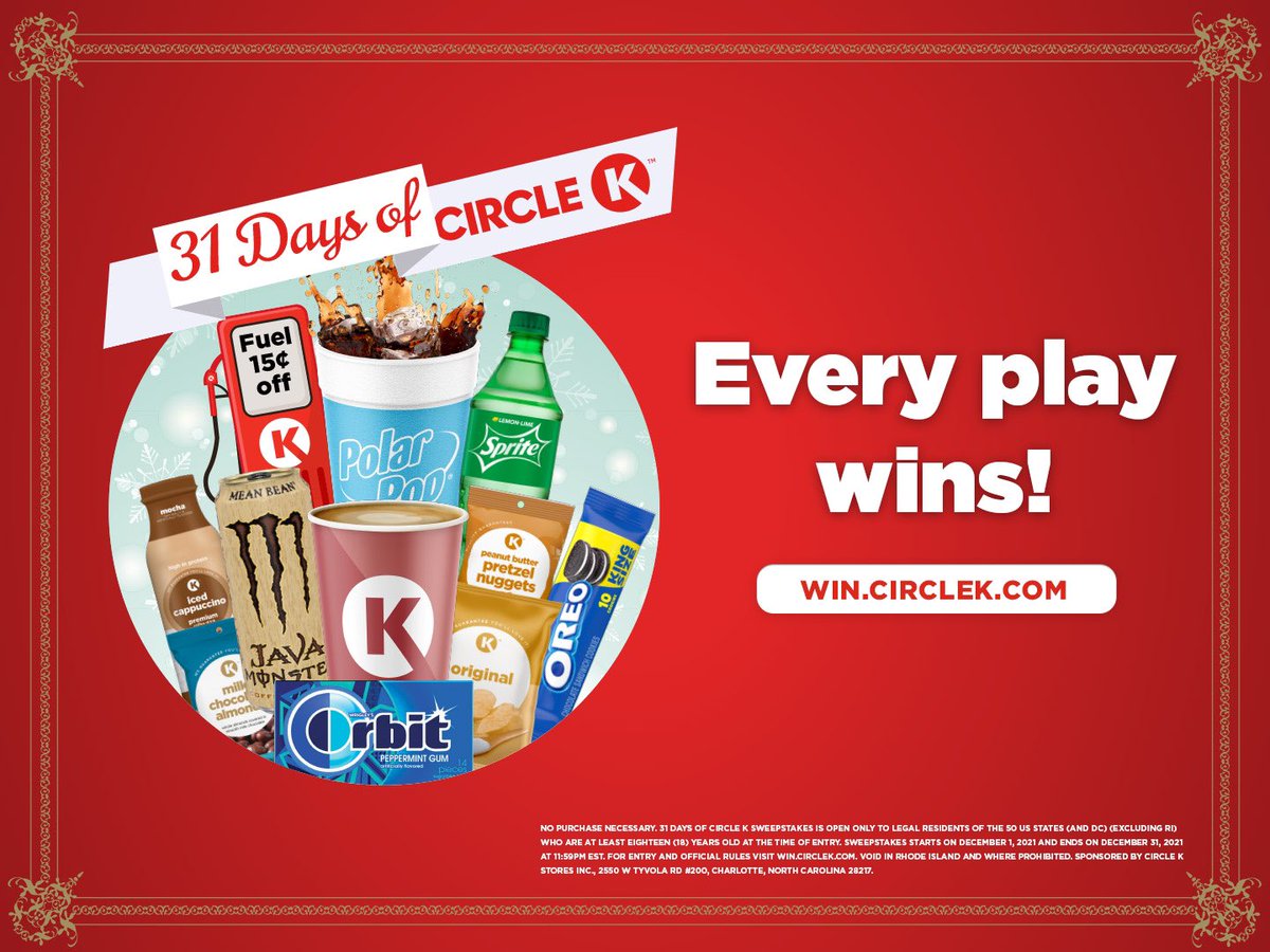 CircleKStores's tweet photo. Starting December 1st, visit https://t.co/lCAu45uLf1 and play to win a daily prize! Every game play wins a prize all month long with 31 Days of Circle K! https://t.co/ev1qa1fsY8
