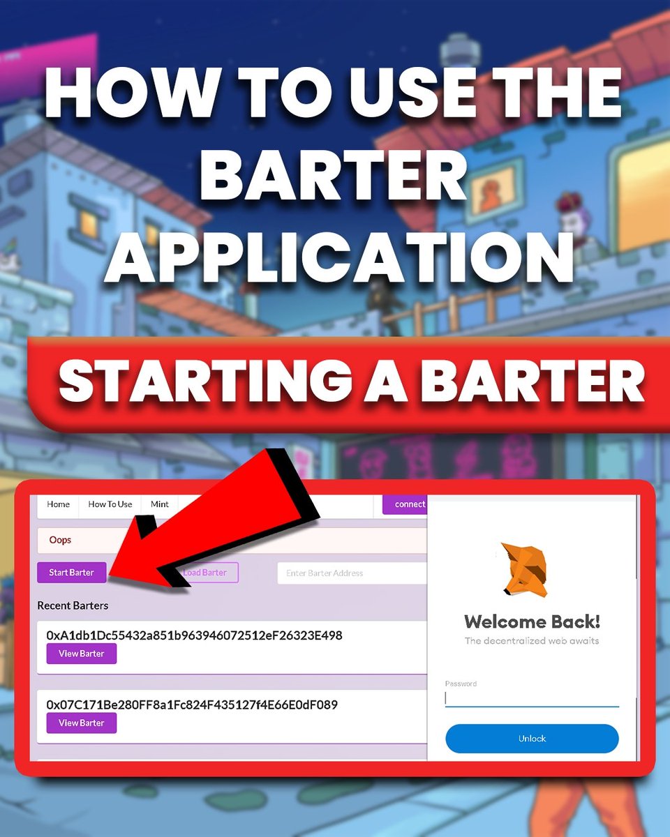 BarterMeerkats's tweet photo. (STARTING A BARTER)
To Start, click on Start Barter. Metamask will open up and ask to confirm Transaction. 
Once Transaction is Confirmed, you will be REDIRECTED to a new page.

The MAKER is the one who started the Barter Contract.

The TAKER is the counterpart joining the Trade. https://t.co/992hVKAC4e