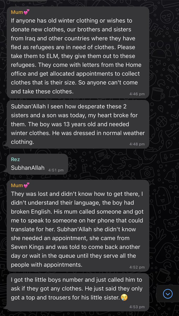 If anyone has clothes to give away, please drop them off at East London Mosque. Refugees come with letters from the Home office and get allocated appts to collect clothes. 

We’re so fortunate during this weather to have clothes on our back, let’s think of others that aren’t