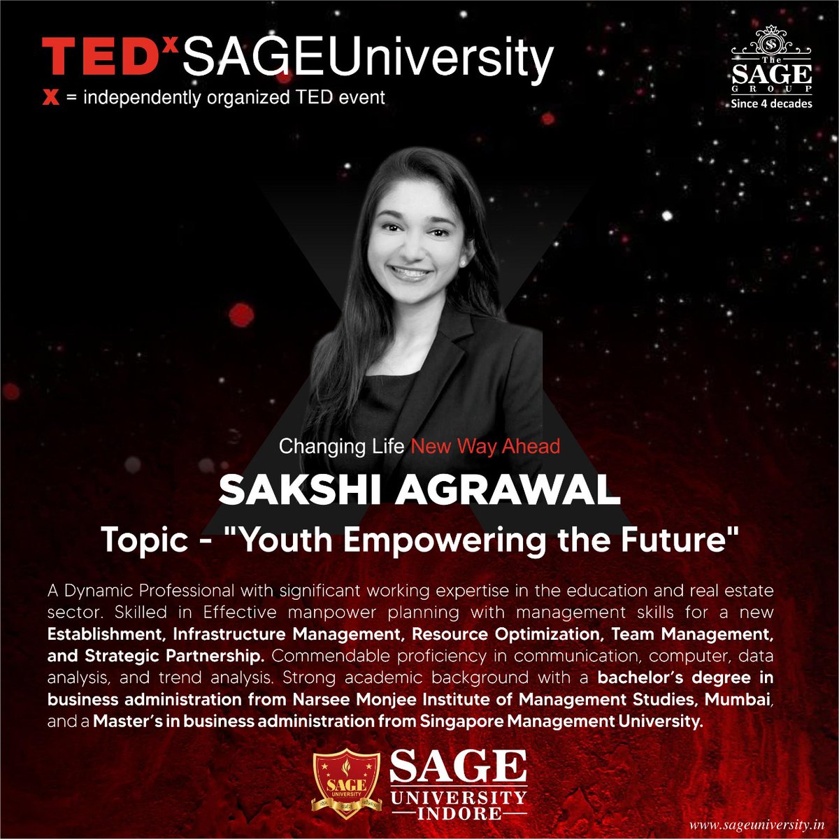 TedxSAGE's tweet photo. SAGE University is organizing a Tedx event to celebrate change and ideas shaping this life.
TEDxSAGEUniversity 2021 : Changing life: New way ahead where some of the extremely talented speakers, as influencers will share their experiences and views on different topics. https://t.co/KAqegqq6NZ