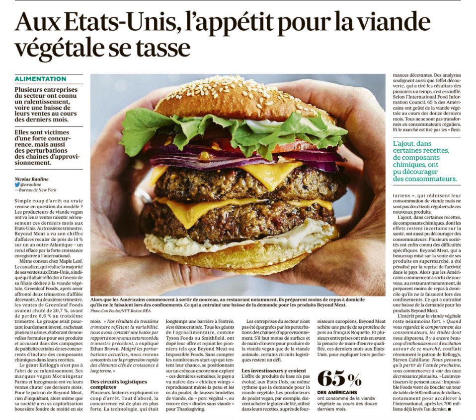 Revue de presse. Dans <a href="/LesEchos/">Les Echos</a> : « Aux États-Unis, l’appétit pour la viande végétale se tasse ». C’est le concept de la… mode. Et comme la marée : après le flux, vient toujours le reflux.
SAMEDI CONSO ici >> olivierdauvers.fr/2021/11/27/sam…