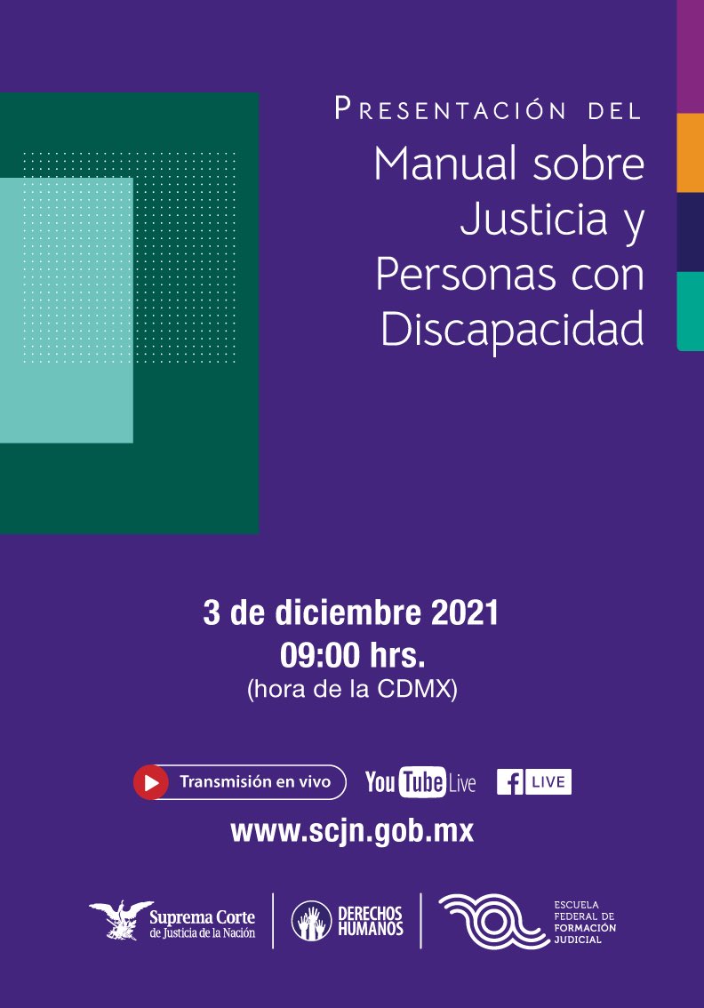 ENFJ_mx's tweet photo. Personal de órganos jurisdiccionales del #PJF, no se pierdan la presentación del:

📓Manual sobre Justicia y Personas con Discapacidad

Inscripciones en ✍🏾https://t.co/kUvmdLpCk4

¿Personas externas? ¡Acompáñenos en la transmisión en vivo!

@ddhh_scjn y #EscuelaJudicial invitan https://t.co/q50ahTUx1K