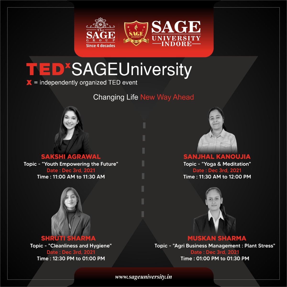 TedxSAGE's tweet photo. SAGE University is organizing a Tedx event to celebrate change and ideas shaping this life.
TEDxSAGEUniversity 2021 : Changing life: New way ahead where some of the extremely talented speakers, as influencers will share their experiences and views on different topics. https://t.co/OVay6mq4UE