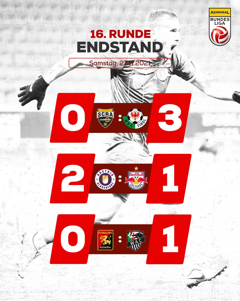 OEFBL's tweet photo. Die Samstagsspiele in der 1️⃣6️⃣. Runde der Admiral-Bundesliga sind Geschichte.🤝 WSG Tirol und der Wolfsberger AC sacken jeweils 3️⃣ Punkte ein, während Austria Klagenfurt die Sensation schafft & RB Salzburg die erste Saisonniederlage beschert.
#ALTWSG #SKARBS #ADMWAC #AdmiralBL https://t.co/jPcagdN8fI