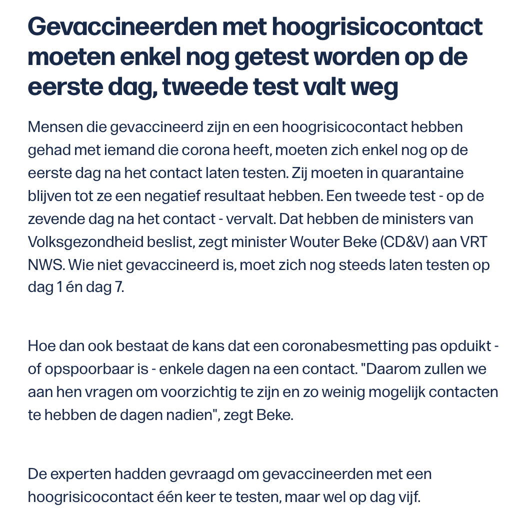 scalle0's tweet photo. Kan iemand de rationale geven voor test op dag 1 na HR contact voor gevaccineerden? 
Testen op dag 1 betekent dat mensen tijdens incubatietijd tot eventuele symptomen meer anderen kunnen besmetten ... testen op dag 5 vermindert die kans toch in belangrijke mate @wbeke 
@vrtnws https://t.co/lQmidGz7Ul