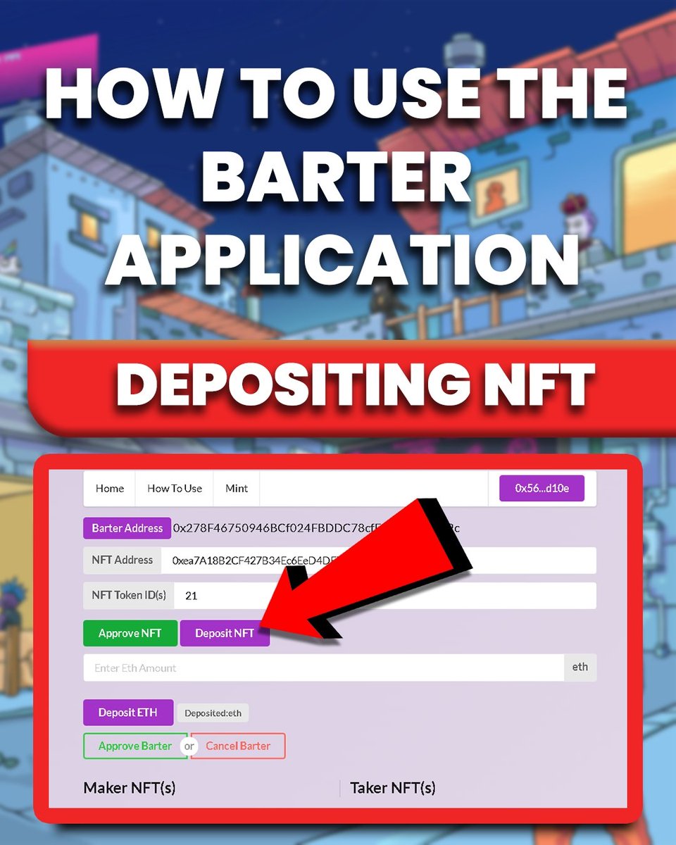 BarterMeerkats's tweet photo. (DEPOSITING NFT)
Once you have approved your NFT. You can enter the token ID(s).
If your are depositing multiple NFTs from the same collection, just separate the token IDs by a Comma (i.e. 2, 77, 902) https://t.co/0sLmIYLu7H