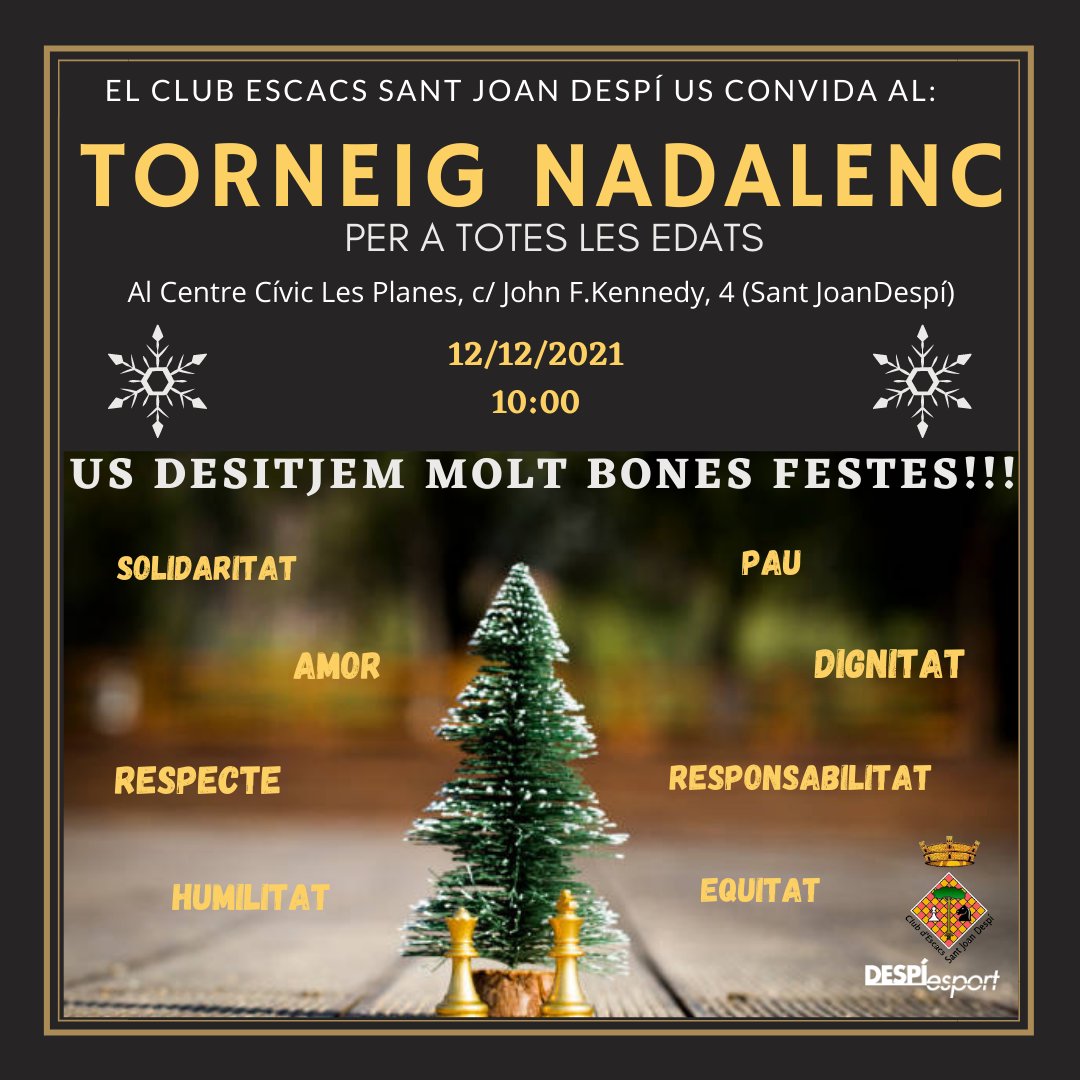 EscacsSjd's tweet photo. Ens omple d'alegria comunicar-vos que enguany es farà el nostre emblemàtic #Torneig de #Nadal d'#escacs de manera presencial!!!!!!🥳amb #mascareta!!!😉
Ràpides 5+2
Màxim: 50 jugadors/res.
Inscripcions: https://t.co/gkn4Hpzhm1
+INFO: clubescacssantjoandespi@gmail.com
@DESPIesport https://t.co/OxOLYi6vJN