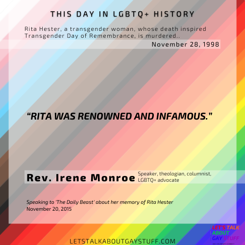 talkgaystuff's tweet photo. This day in #LGBTQ+ #history, Rita Hester, a trans woman, was murdered in the Boston metro area in 1998.

Her murder shocked the local Boston trans community and went on to spark what has become known as Transgender Day of Remembrance.

#letstalkaboutgaystuff #ritahester #tdor https://t.co/LcpZ8KDdyC
