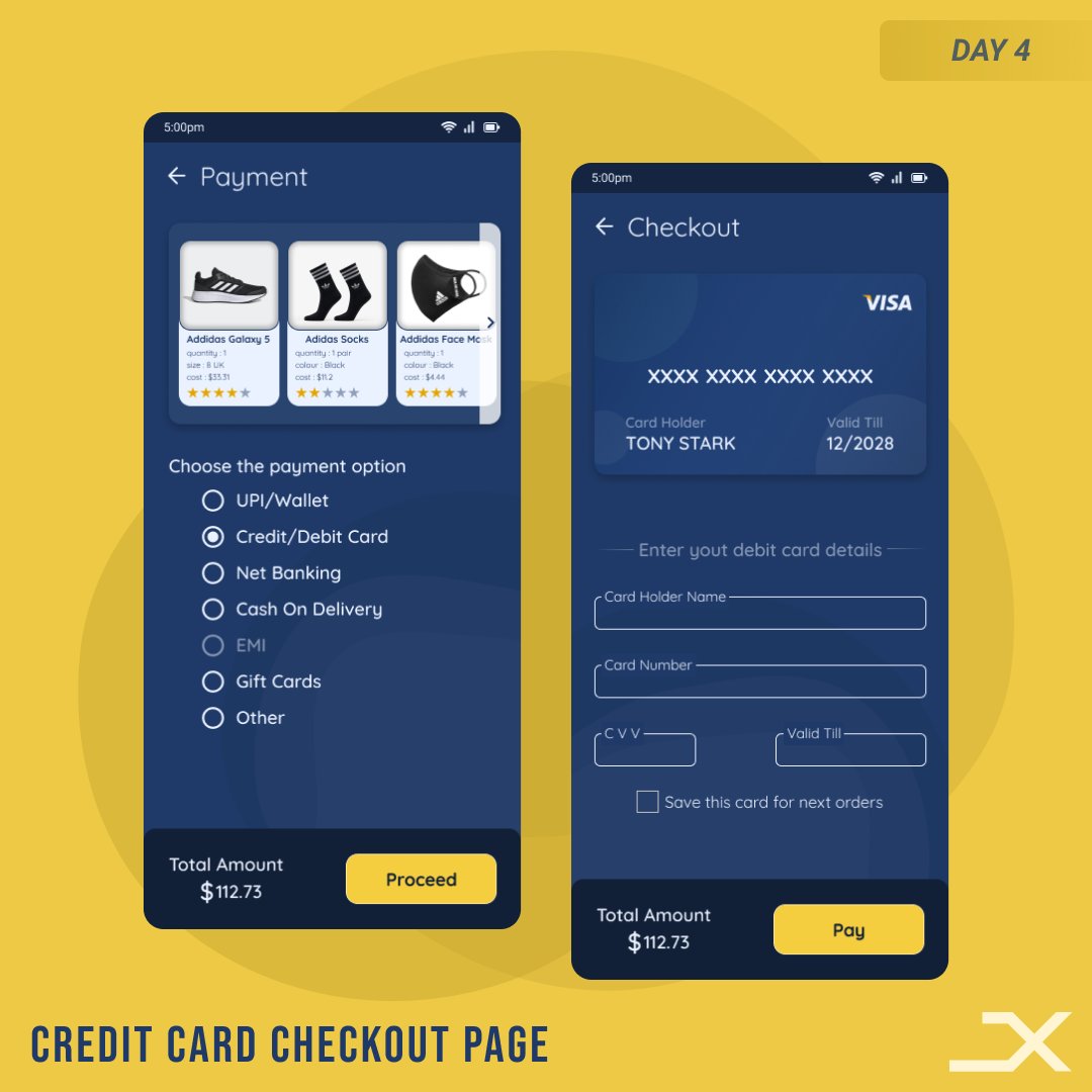 amal_joym's tweet photo. Day 4
CREDIT CARD CHECKOUT PAGE
This is used for making payments using your credit cards. First screen is for selecting payment method and second is for give details of users card.
Come let's #create #designX #DailyUI #CreditCard #uidesign #uiinspiration #CheckOut  #TrendingNow https://t.co/TKgxJaFilT