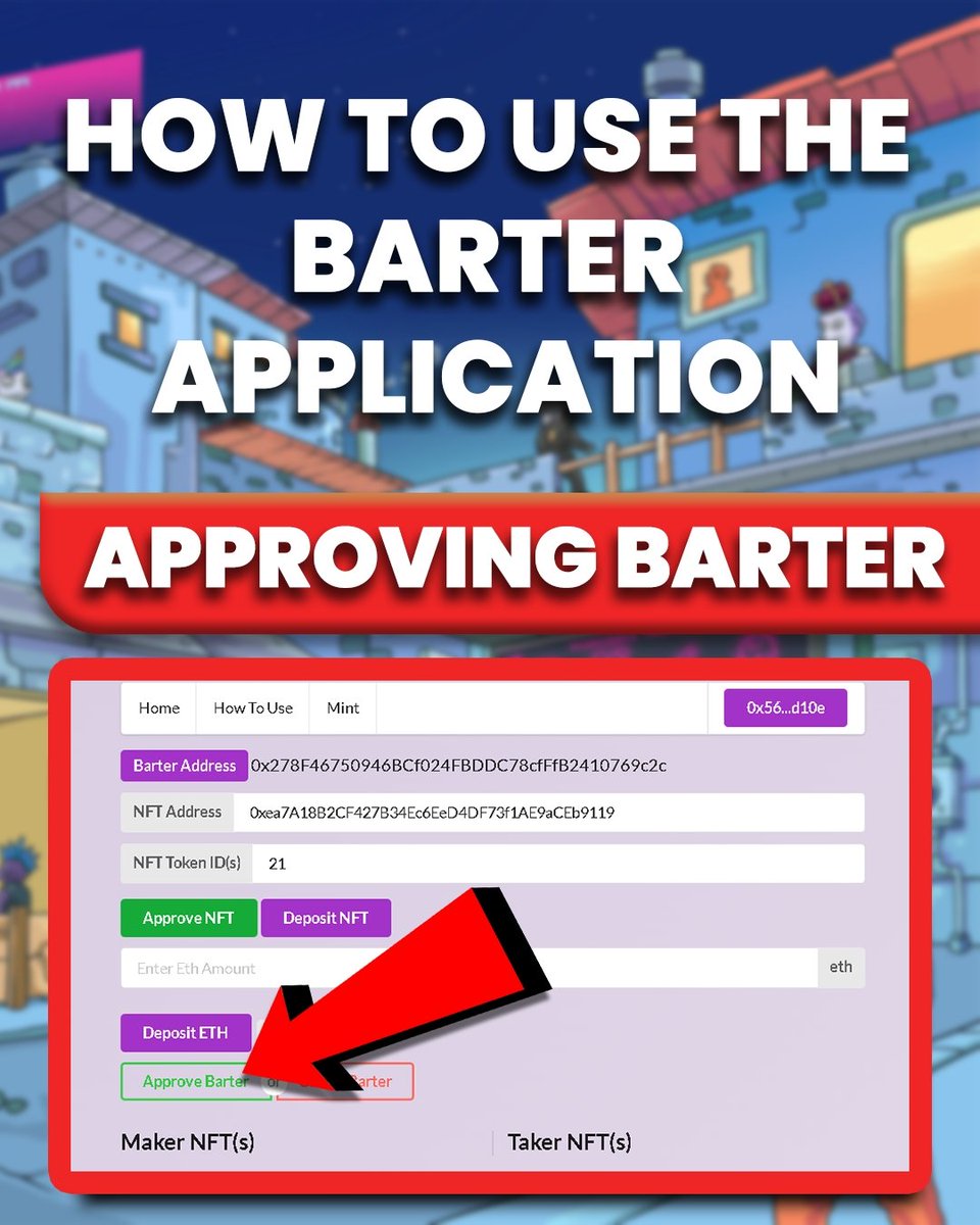 BarterMeerkats's tweet photo. (APPROVING BARTER)
Once both the Maker and Taker have deposited their NFT(s). The NFT's image, name, ID and symbol will be displayed at the bottom of your screen. 
Once each party is happy with the NFTs. You can click the approve barter. *Always Confirm on your Metamask Wallet. https://t.co/TQ4w4obnJb