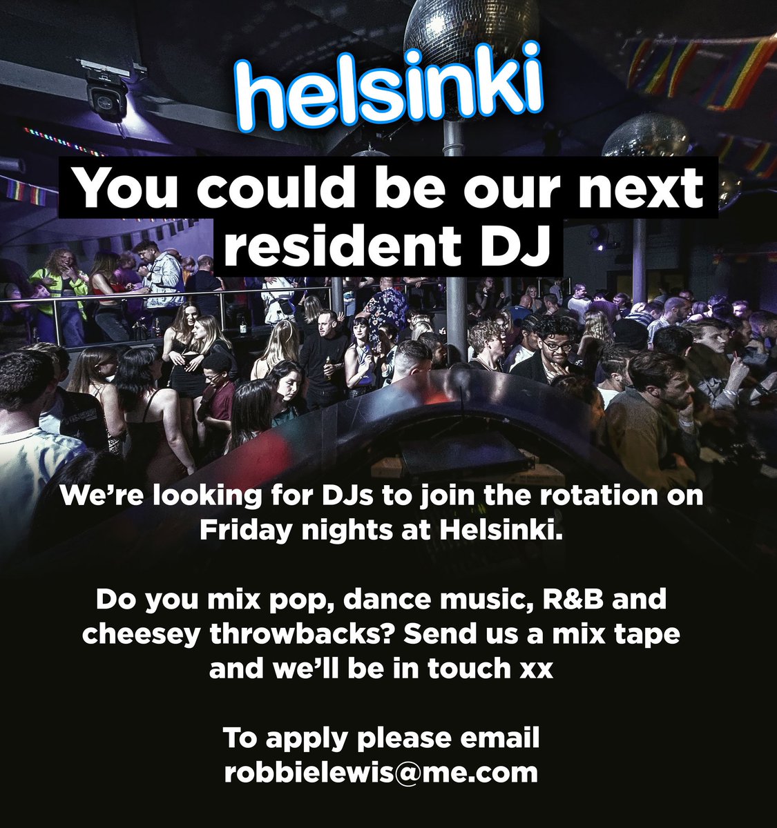We’re looking to bring new DJs onto the rotation with me at Helsinki Leicester on Fridays. Open to established DJs or people who are learning. Fridays are quite busy and is a great place to get experience. Helsinki residents also get to perform at Pride. Email me a mix. https://t.co/AzLsokHmLQ