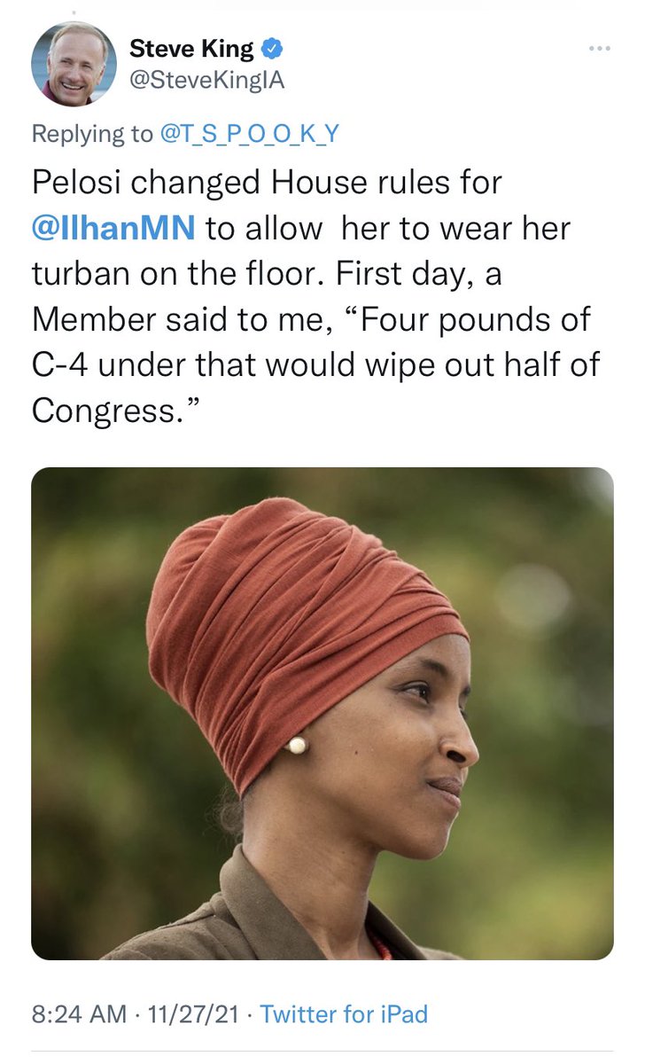IlhanMN's tweet photo. First day of Congress, this member who said ⬇️ to Steve knew nothing about me besides the fact that I was Muslim &amp; that somehow made me a terrorist to him.

These anti-Muslim attacks aren’t about my ideas but about my identity &amp; it’s clear. @GOPLeader your silence speaks volumes. https://t.co/pXHHKqRhqp