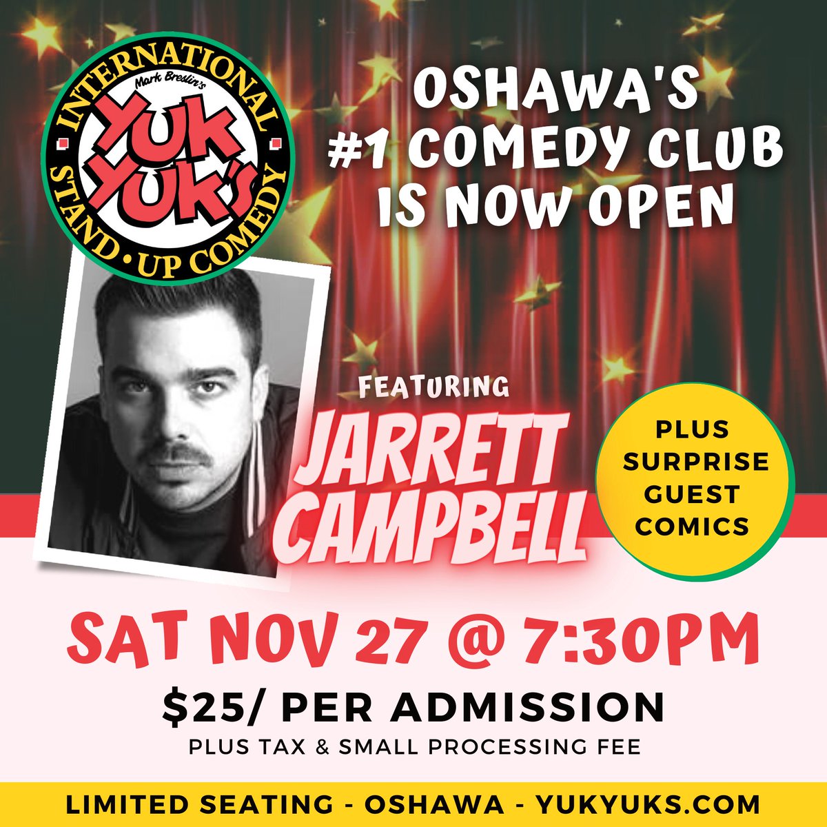 Featured on MTV, Comedy Network &amp; CBC, Jarrett Campbell is spearheading the Yuk Yuk's stage in Oshawa TONIGHT. 3 Comics, 1 show ft. JEFF PAUL &amp; KEVIN CHRISTOPHER. Shows sell out each weekend, buy you tickets now: YukYuks.com/Oshawa

#Oshawa #Durham #YukYuks #ComedyClub