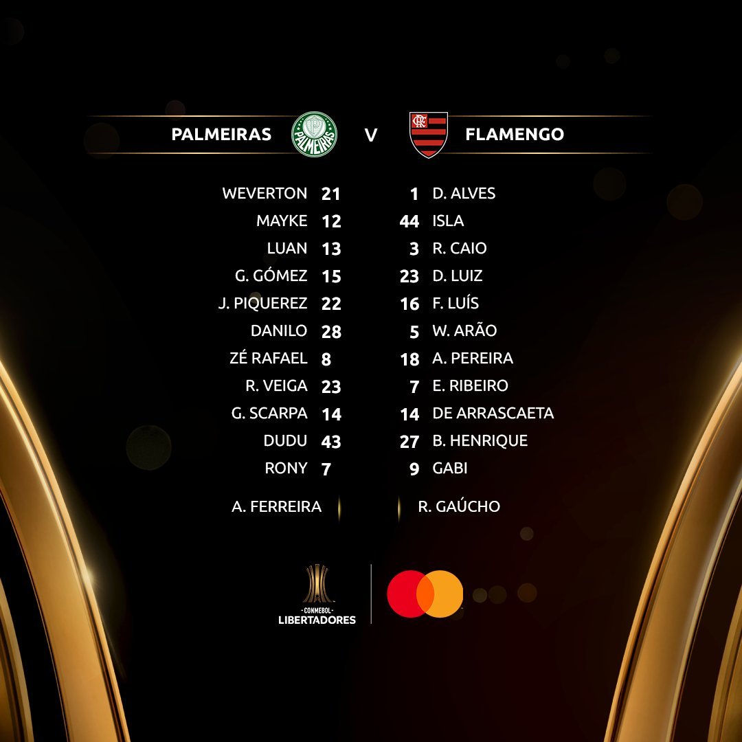 Palmeiras e Flamengo escalados para a grande final da Libertadores! A bola rola às 17h em Montevidéu. #FutebolSDE #Libertadores #GlóriaEterna