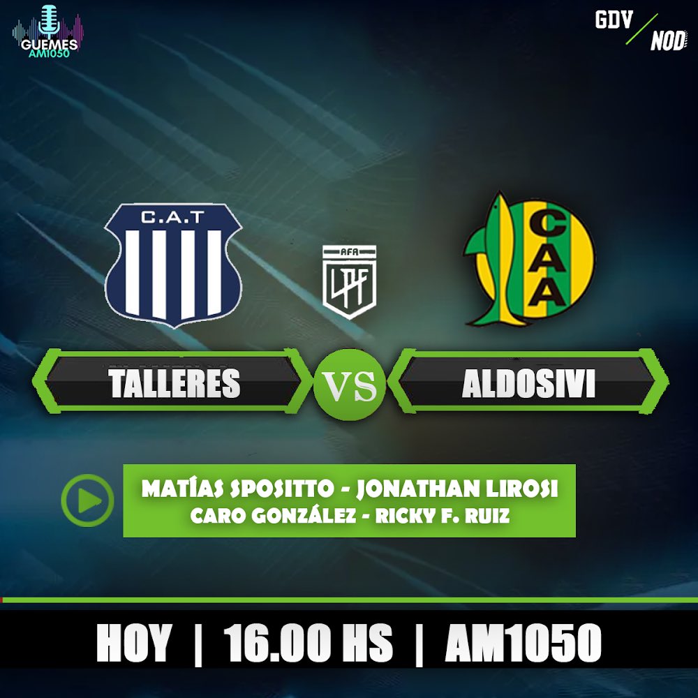 NODeportiva's tweet photo. 🗣 Préndete a AM1050 Y escucha #talleres 🆚 #aldosivi junto al equipo de @GDVRADIO y @nodeportiva ‼️
 
Relatos: @matispositto 
Comentarios: @JonathanLiRosi 
Vestuarios: @Carogonzalez03 
Estudios: Ricky F Ruiz https://t.co/AddRioyAcd