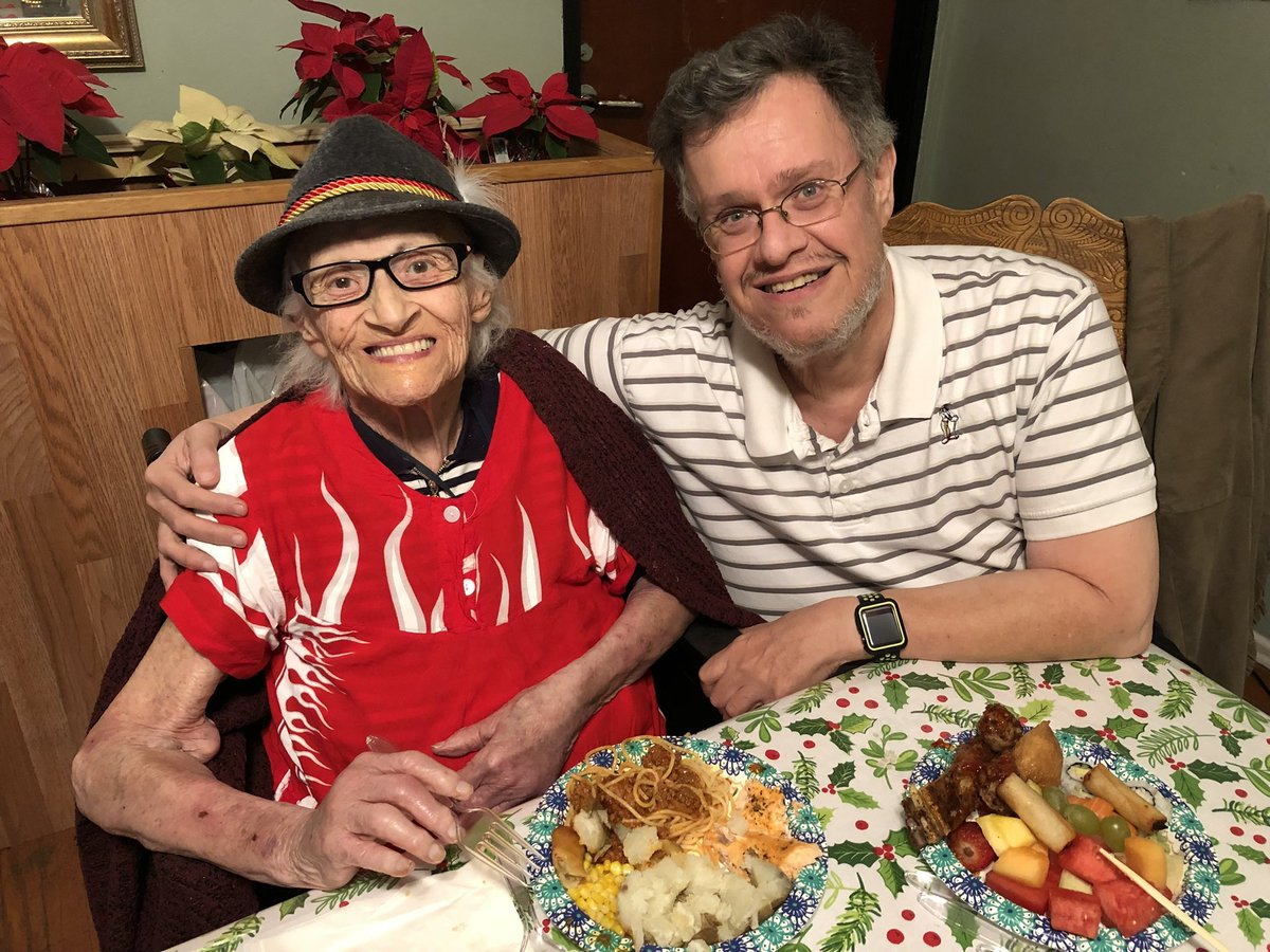 joe221's tweet photo. @StephMillerShow Bless you both. I know exactly how you feel. Here is me with my 99 y o mama in 2017. Our last photo together. Christmas dinner at the care home. #LiberalHelperJoe https://t.co/glmA8Yu9Ku