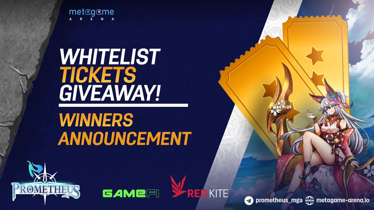 PromethMetagame's tweet photo. We want to congratulate all of our #Giveaway and discord contest winners, all 50 lucky ones will win 1 Battle Card and 1 lottery ticket to compete for a spot on the #IDO whitelist.

🥳See the result here: https://t.co/gIOdvDeEig

 $MGA  #Prometheus #GameFi #DaoMaker #RedKite #NFT https://t.co/A6HVk4a7fJ