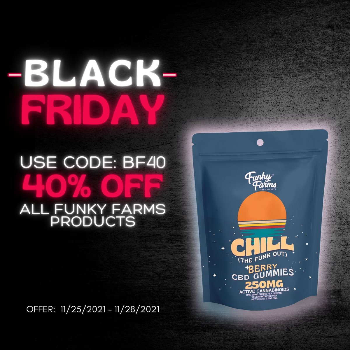 Black Friday Weekend is still going on!!  😝😝 Don’t pass up this chance  ~~Get 40% off Sitewide with code BF40~~
.
#funky #blackfriday #bf #sale #blackfridaysale #cbd #hemp #festive #stockupandsave #cbdbenefits #cbdproducts #deal