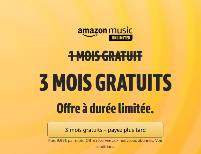 DealwithitFR's tweet photo. 😎

3 mois d'Amazon Music gratuit, les places sont limitées. Super deal si vous souhaitez découvrir le service 🎵🎵

#BlackFridayAmazon #BlackFriday2021 #Bonplan #Deals #BlackFriday

🎶https://t.co/eWvLNoHglU🎶 https://t.co/0mwbtydNb5