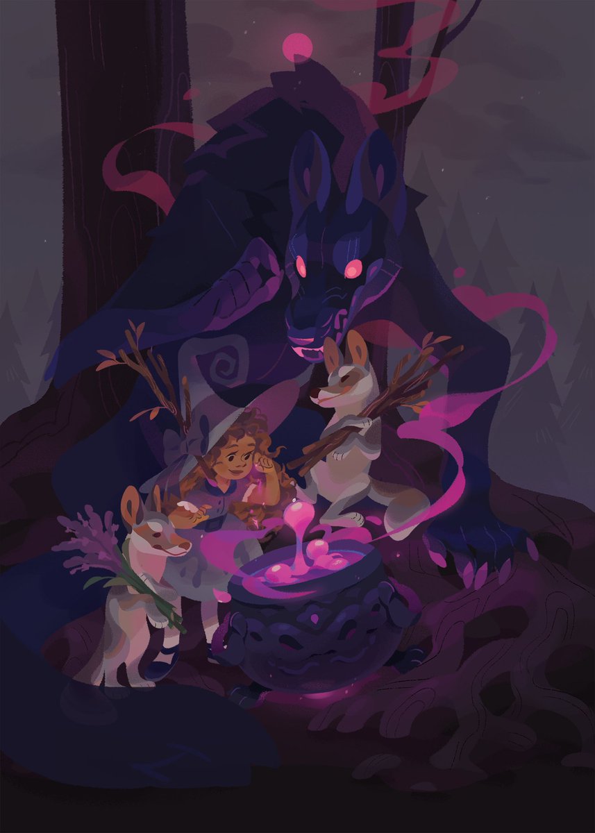 “A witch makes a potion with the help of her coyote familiars and drawing upon the knowledge of a greater wolf demon”