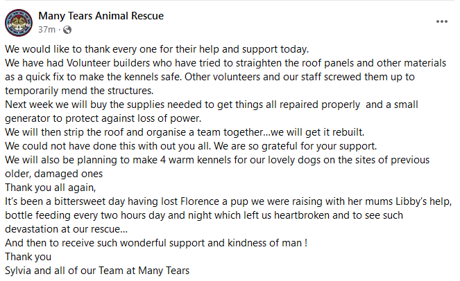 ManyTearsRescue's tweet photo. A message from Sylvia and all at Many Tears.. from the bottom of our hearts, THANK YOU! https://t.co/xaVOJ9ct5O