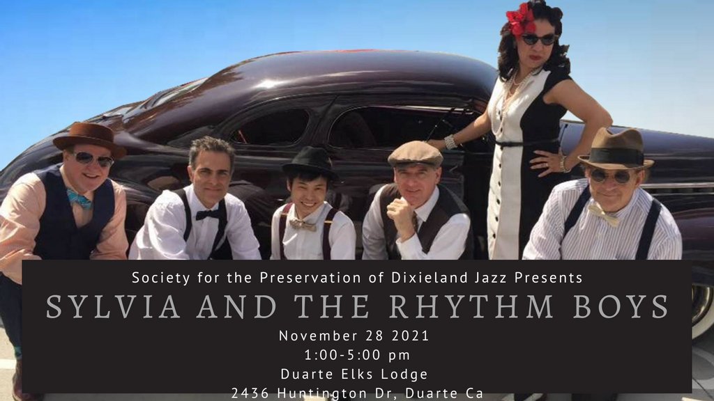 ForDixieland's tweet photo. SPDJ presents Sylvia and the Rhythm Boys, 11/28/21 1:00-5:00 at Duarte Elks Lodge, 2436 Huntington Dr, Duarte CA.  We meet every 4th Sunday.  Bring your friend, your dancing shoes, or your instrument so you can play in open sets.  #SPDJ #Dixielandjazz #Tradjazz #Traditionaljazz https://t.co/yMCgN1IBY5