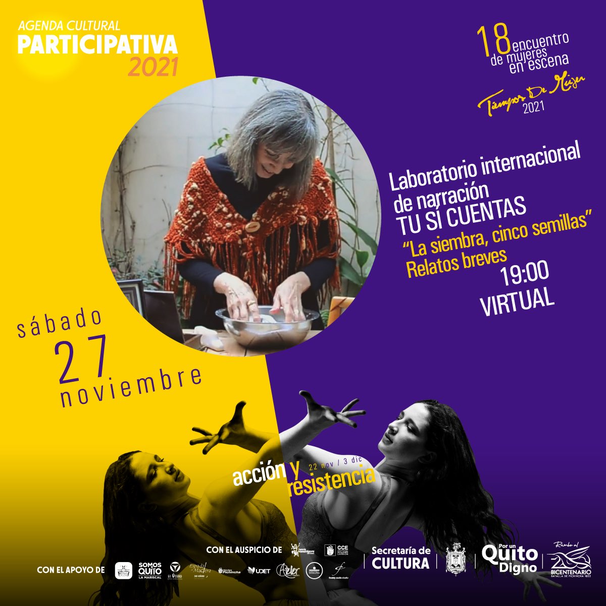 TiemposdeMujer's tweet photo. Esta noche! A partir de las 19:00 te invitamos a seguir las historias del laboratorio internacional de narración “TU SI CUENTAS” 

Dale click aquí para que no te lo pierdas ➡️ https://t.co/bt3NtDMFMH

#MujeresEnEscena #TiemposDeMujer2021 https://t.co/7QIIFAs7Vy