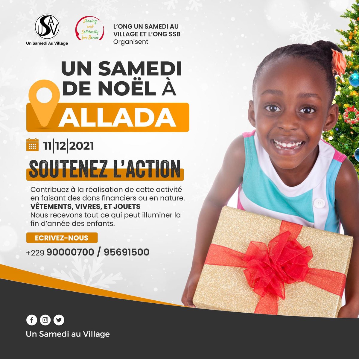 Appel à dons.Bientôt les fêtes, et comme toujours nous pensons aux enfants qui vivent dans des conditions précaires. A cet effet,  Les ONG Un samedi au village et Sharing and Solidarity for Benin organisent Un Samedi  De Noël à  ALLADA.