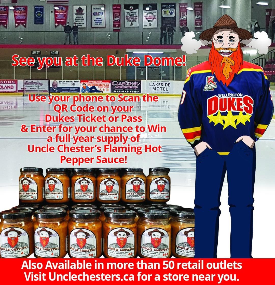 chester_uncle's tweet photo. Uncle Chester will be at the Duke Dome in Wellington Tomorrow afternoon for @OJHLDukes 2:30 game. portion of sales of Uncle Chester's will be donated to Charity of day - @communitylivingPEC 
Uncle Chester's a great stocking stuffer for hot sauce lover or addition to a gift basket https://t.co/xVt94ApMwQ