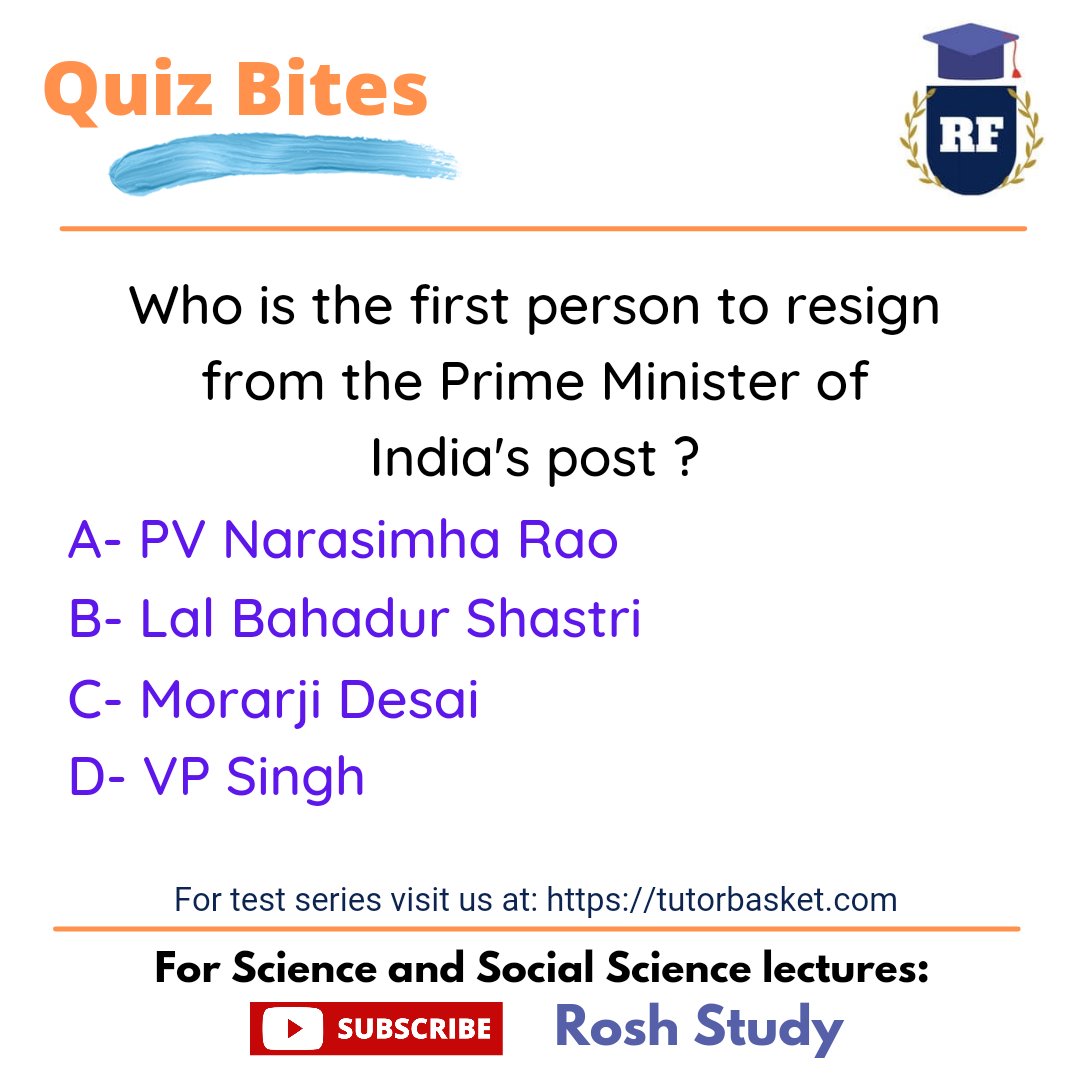RoshStudy's tweet photo. Quiz Bites: Who is athe first person to resign from the Prime Minister of India's post ?
#NoVoteToSellerGovt #PrimeMinister #Politics #PoliticsLive https://t.co/JtmbdYhyYI