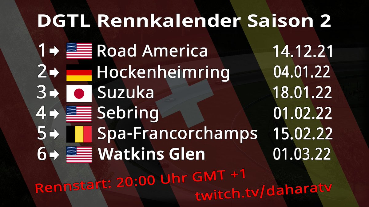 Der Rennkalender für die zweite Saison steht fest. Seid dabei wenn der Stream jeweils um 20:15 startet. twitch.tv/DaharaTV