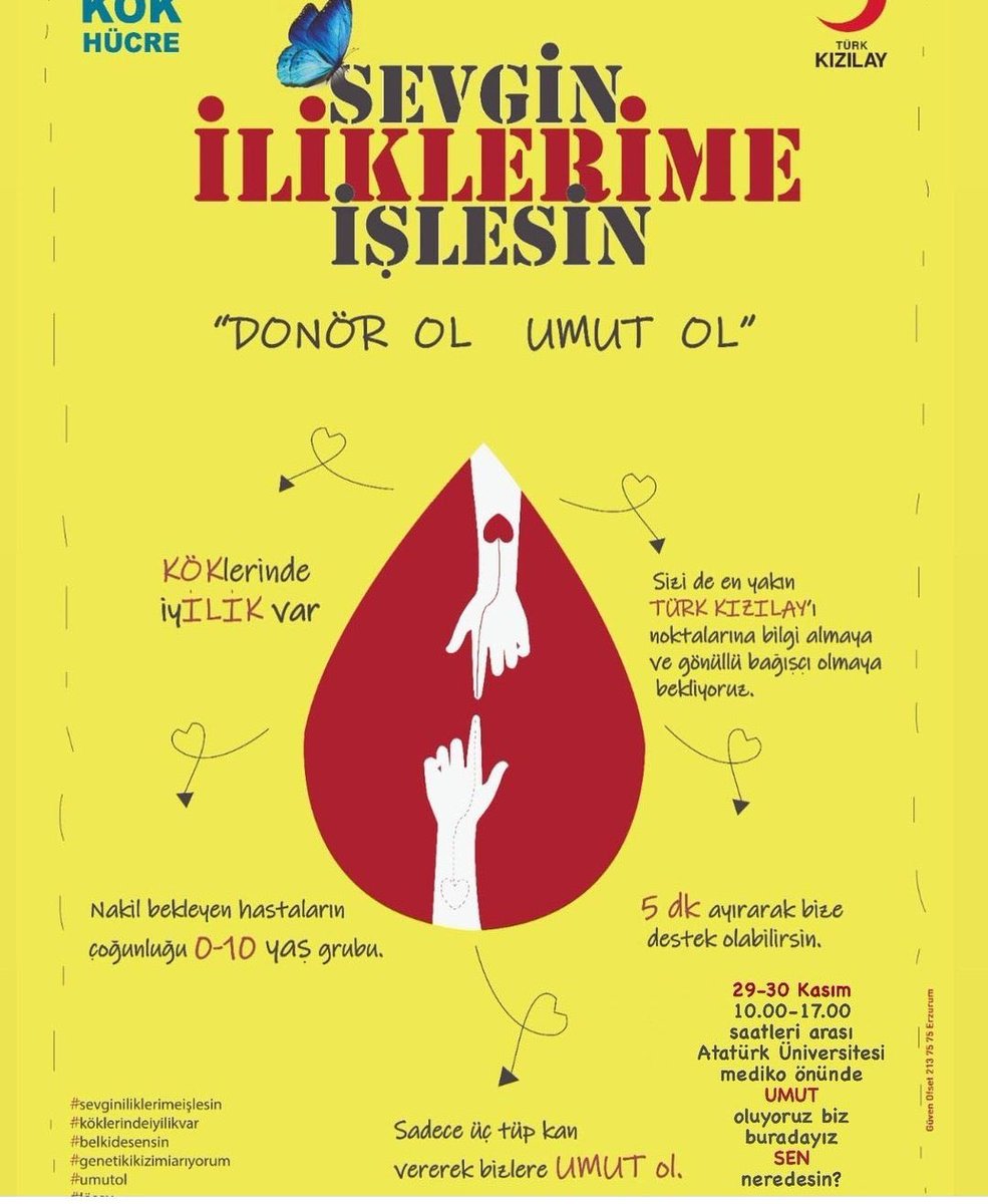 29-30 kasım arası saat 10.00-17.00 arası Atatürk üniversitesi mediko önünde umut oluyoruz. Biz buradayız sen neredesin? 
#genetikikizimiarıyorum
#belkidesensin
#köklerindeiyilikvar
#sevginiliklerimeişlesin
#aslavazgeçme
Ve unutma #sensizolmaz
<a href="/Koklerinde2/">köklerinde iy'ilik var</a>  #Erzurum