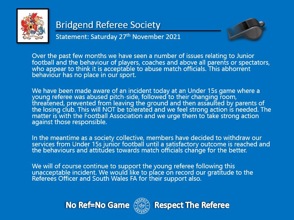 Bridgend Referees Society (@bridgendreferee) on Twitter photo Our chairperson has just come off the phone to the concerned dad of an 18 year old referee who experienced yet more abuse today #EnoughIsEnough please see below statement following today’s events <a href="/Referee_SWFA/">Referee Officer SWFA</a> <a href="/SouthWalesFA/">South Wales FA</a> <a href="/BPTFL19/">Bridgend Port Talbot Junior Football League</a> Our chairperson has just come off the phone to the concerned dad of an 18 year old referee who experienced yet more abuse today #EnoughIsEnough please see below statement following today’s events <a href="/Referee_SWFA/">Referee Officer SWFA</a> <a href="/SouthWalesFA/">South Wales FA</a> <a href="/BPTFL19/">Bridgend Port Talbot Junior Football League</a>