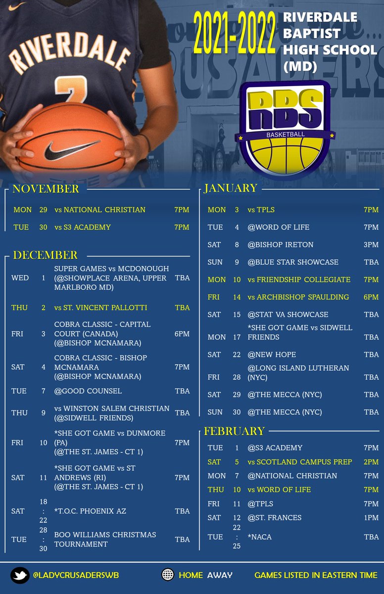 2021-22 Riverdale Baptist Lady Crusaders Schedule