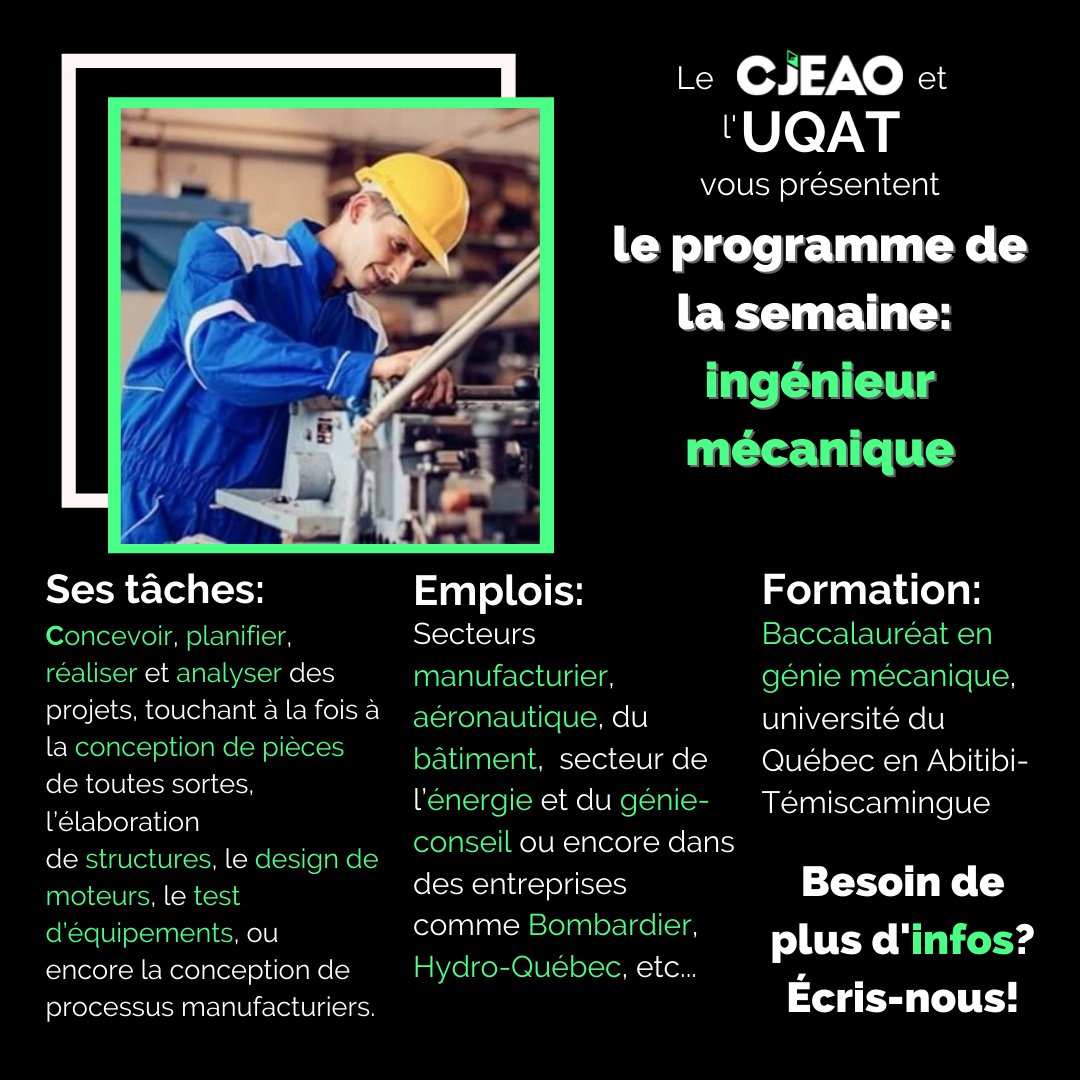 Cette semaine, on te présente le métier d'ingénieur mécanique! Donnes-nous en commentaires des suggestions de professions sur lesquelles tu aimerais en apprendre plus  👇

#études #programme #université #abitibi #pourlesjeunes #etlesmoinsjeunes #orientation