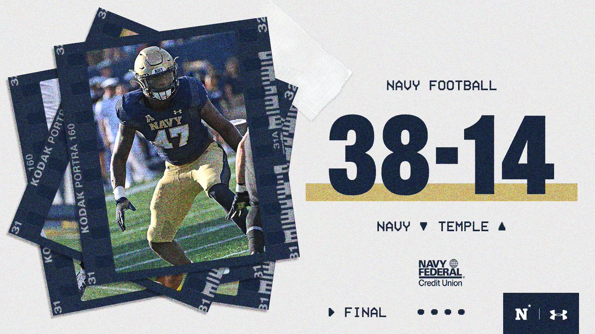 NavyAthletics's tweet photo. A final from Lincoln Financial Field ...
@NavyFB 38
Temple 14

Senior fullback Isaac Ruoss with a pair of second-half touchdown runs and senior slot back Chance Warren with a pair of receiving TDs.
@NavyFederal https://t.co/1b790owPWm