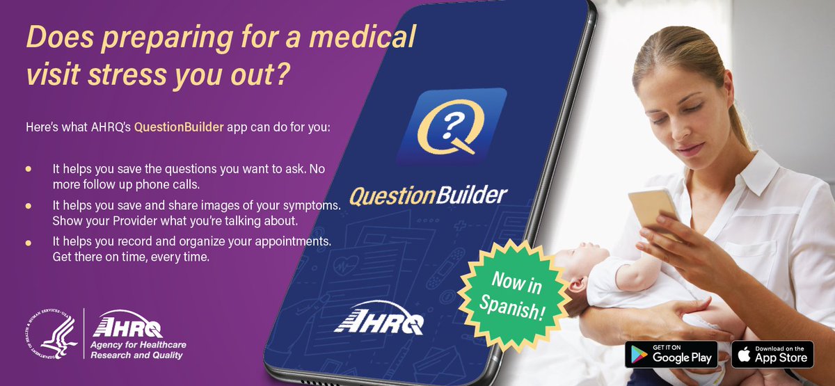 AHRQGov's tweet photo. Now available on the Apple App Store and Google Play: #QuestionBuilder in Spanish, a free app from AHRQ that can help Latino patients get the most out of their medical appointments. Download this #ADM2021 https://t.co/wLYSRwMjOO https://t.co/xi8QVeSBKp
