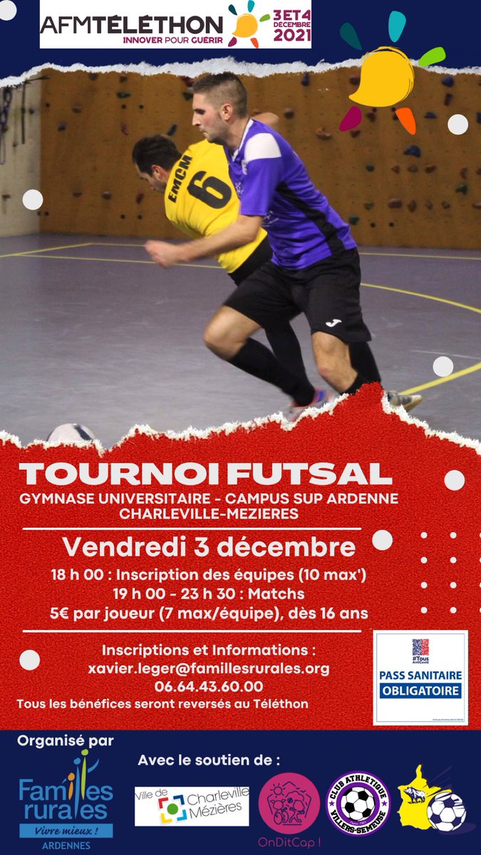 FaRu08's tweet photo. Nous sommes heureux de faire ce tournoi de FutSal pour le @Telethon_France !
Merci aux associations qui nous aide comme #OnDitCap et @cavs08000 et merci à la @VilledeCMz pour ce beau gymnase !
#Solidarite https://t.co/mcku9m2Hwy