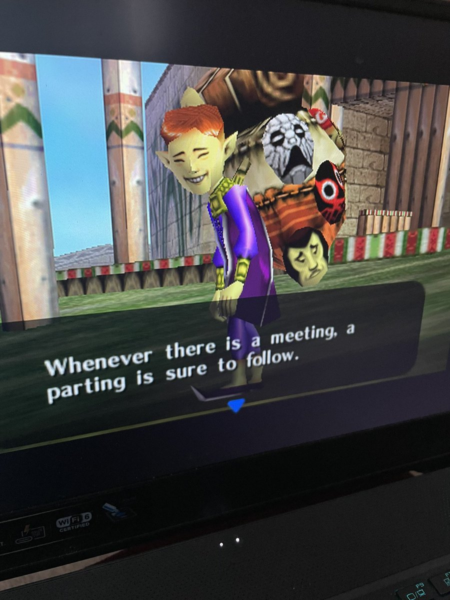 The13thBard's tweet photo. I finished my sister’s Majora’s Mask randomizer, on the one month anniversary of her death.

Majora’s Mask was one of our favorite games to play together. It’s special to us. I think the HMS’s quote here means more to me now.

I cried through the credits, and it felt good. :’) https://t.co/xGoKJI80RB