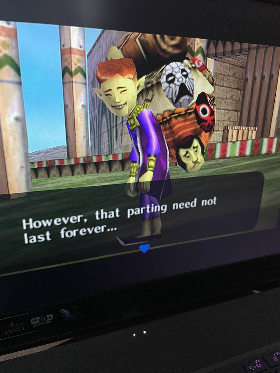 The13thBard's tweet photo. I finished my sister’s Majora’s Mask randomizer, on the one month anniversary of her death.

Majora’s Mask was one of our favorite games to play together. It’s special to us. I think the HMS’s quote here means more to me now.

I cried through the credits, and it felt good. :’) https://t.co/xGoKJI80RB