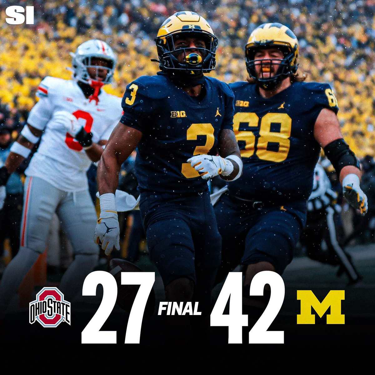 SInow's tweet photo. No. 5 Michigan stuns No. 2 Ohio State at The Big House 〽️

For the first time in 9 years the Wolverines get it done against the Buckeyes 🔥 https://t.co/oWeIY6tUf8
