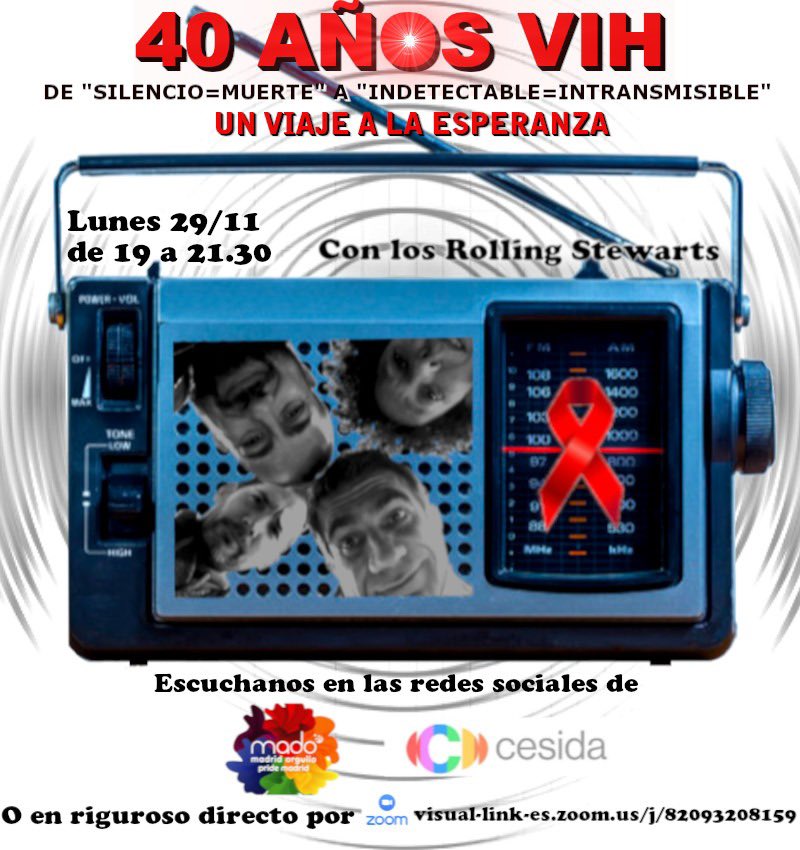 MADOrgullo's tweet photo. El lunes de 19 a 21:30 os invitamos a escuchar el programa especial de #RadioD "40 Años VIH" de "Silencio = Muerte" a "Indetectable = Intransmisible" (Un viaje a la Esperanza)". Podrás hacerlo en nuestras #rrss y las de @cesida_esp y en https://t.co/fFRZ1AL9w3 https://t.co/vOqvlmF6dr