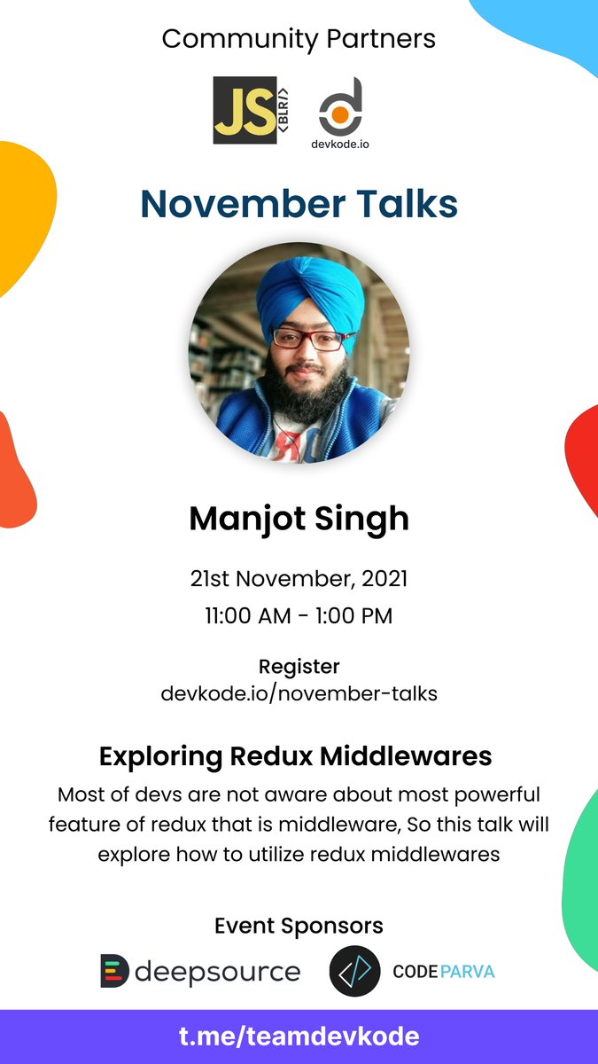 manjots1607's tweet photo. I had given my first ever tech talk on exploring redux middleware in #novembertalks event organized by team @devkodeio. Special thanks to @sunnypuri_ & @jsmeetupblr for organizing this event.
Link to github repo in thread.
#React #Redux #frontenddev #tech #webdev https://t.co/cw6IkcWo4k